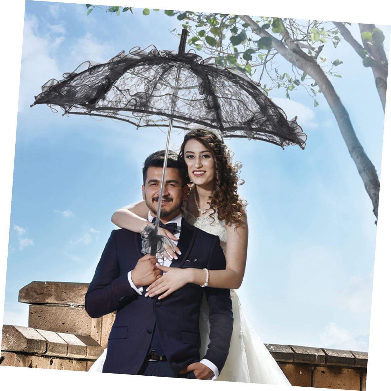 2pcs Lace Parasol Umbrella Vintage Bridal Embroidery Sun Protection Stick Umbrellas for Wedding Photography and ’s Dance Props Black White