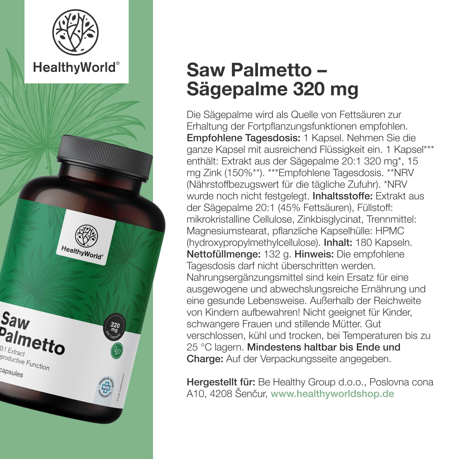HealthyWorld Saw Palmetto – Sägepalme mit Zinkzusatz – 20:1 Extrakt – 180 pflanzliche Kapseln – Unterstützung für die Prostata – XXL-Packung – Für 6 Monate