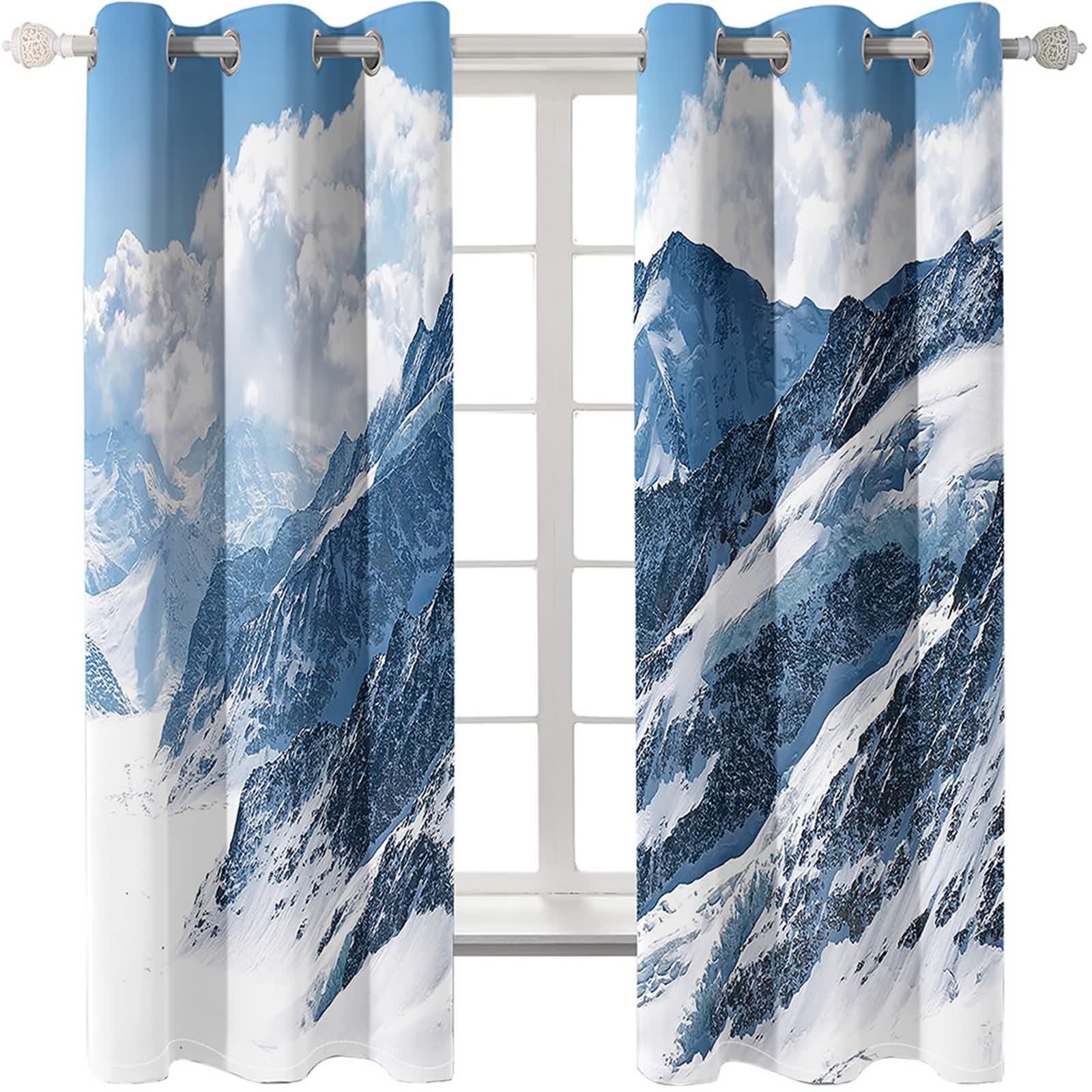 Epinki Zestaw 2 zasłon z oczkami, 214 x 214 cm (wys. x szer.), nieprzejrzyste z chmurami, w górach śniegu, krajobraz, zasłony termiczne, ochrona przed zimnem, ochrona przed hałasem, szaro-niebieskie