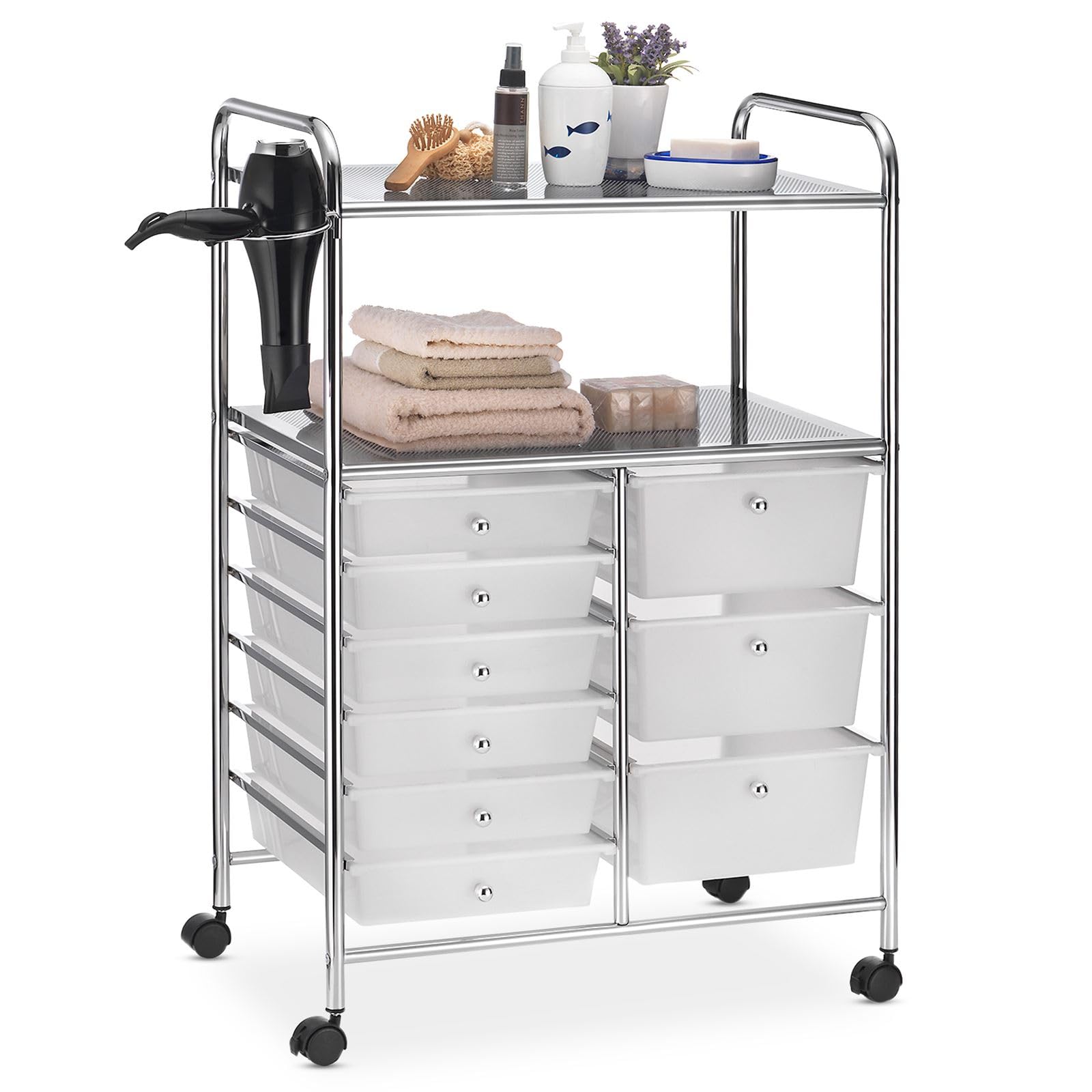 IDIMEX Caisson sur roulettes Marita Chariot avec 9 tiroirs en Plastique Blanc Transparent et 2 étagères avec Anneau Porte sèche Cheveux, Meuble de Rangement pour Salle de Bain en métal chromé