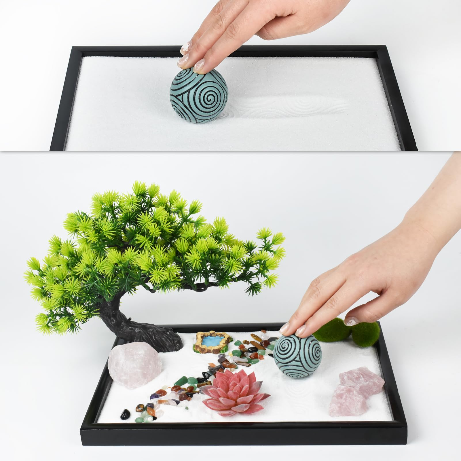 Artcome Japanese Zen Sand Garden for Desk, Home, Office Desk Accessories, Crafted Meditation Therapy Rectangle Tray - Image 4