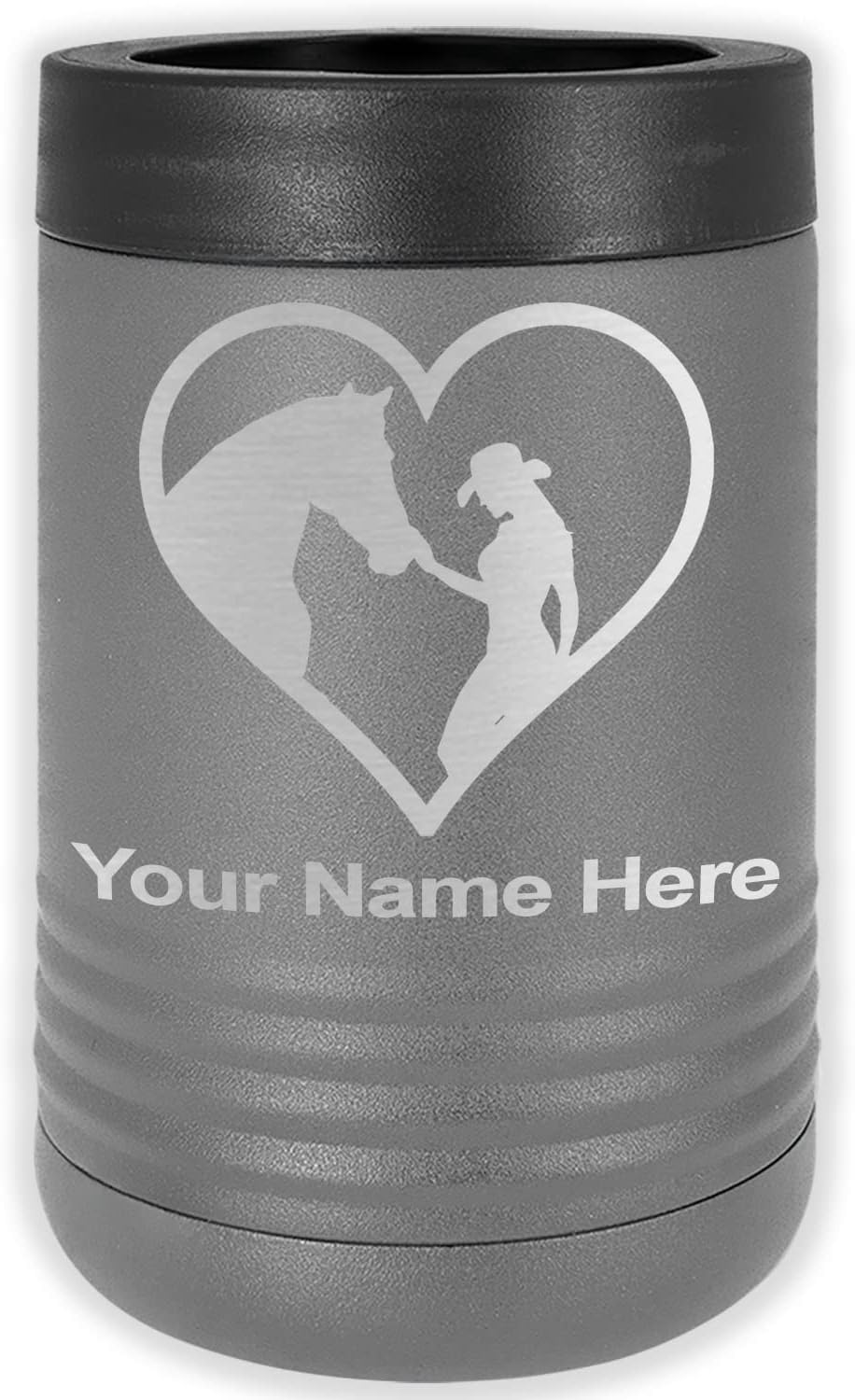 LaserGram Personalized 12 oz. Stainless Steel Can & Bottle Insulator, Horse Cowgirl Heart – Keeps Drinks Cold Longer (Light Purple)