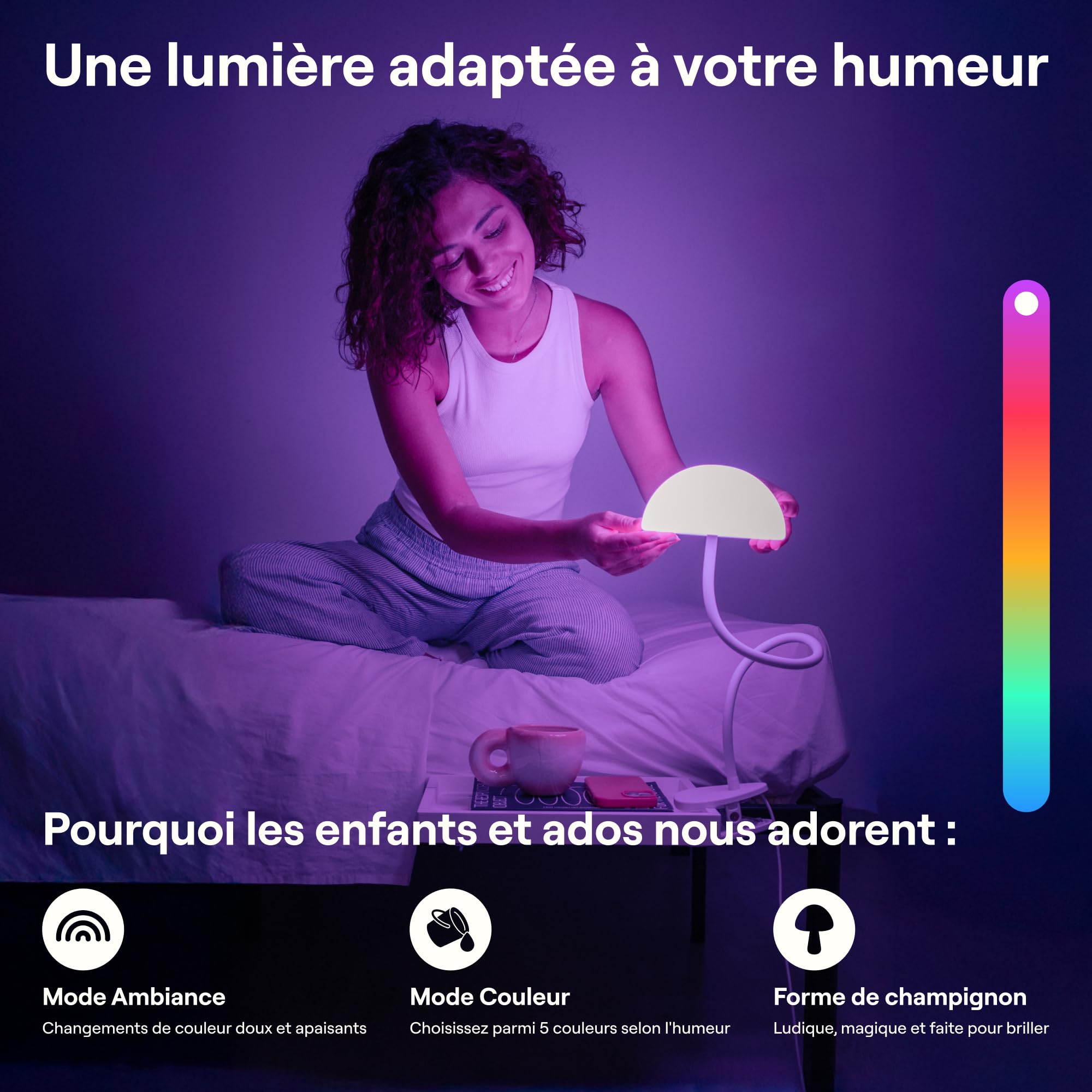 Lampe de Chevet À Pince LED Multicolore Changeante avec Adaptateur, Lampe de Lecture Lit, Lumière de Bureau, Tête de Lit (Blanc)