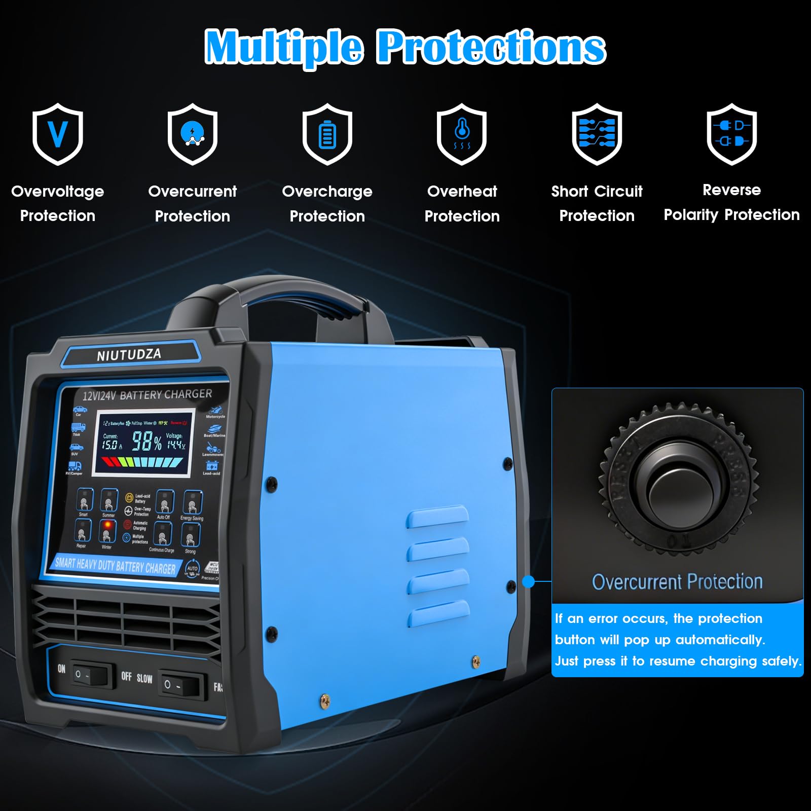 Caricabatterie per auto resistente, 12 V/24 V, 0-15 A, caricatore automatico per batteria, caricabatterie intelligente con spegnimento rapido e lento, spegnimento automatico, riparazione, modalità