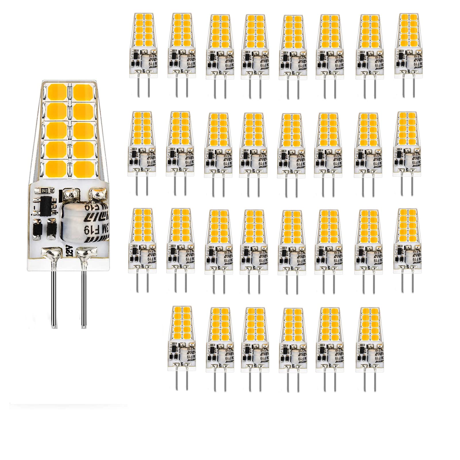 G4 LED Lampen, 2W G4 LED Birnen, Warmweiß 3000K, Ersatz für 20W Halogenlampen, Kein Flackern Nicht Dimmbar 360° Lichtwinkel, 12V AC/DC, 30er Pack [Energieklasse E]