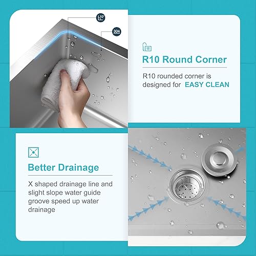 Miniatura 7 de Fregadero de cocina de acero inoxidable 304 de 20 x 16 pulgadas, fregadero de cocina con kit de drenaje y rejilla inferior, cepillado