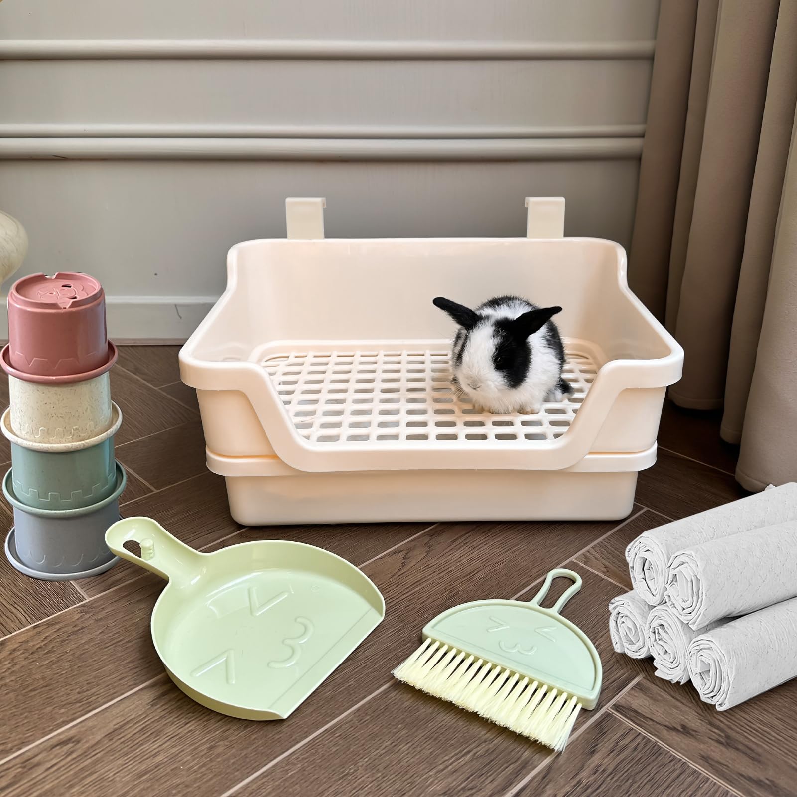 Large Rabbit Litter Box w/Plastic Grid & Dump Tray-Bunny Litter Pan Small Animal Potty Toilet - Pet Bunny Supplies Rabbit Cage Accessories for Training Corner Litter Box (Cream) - image 7