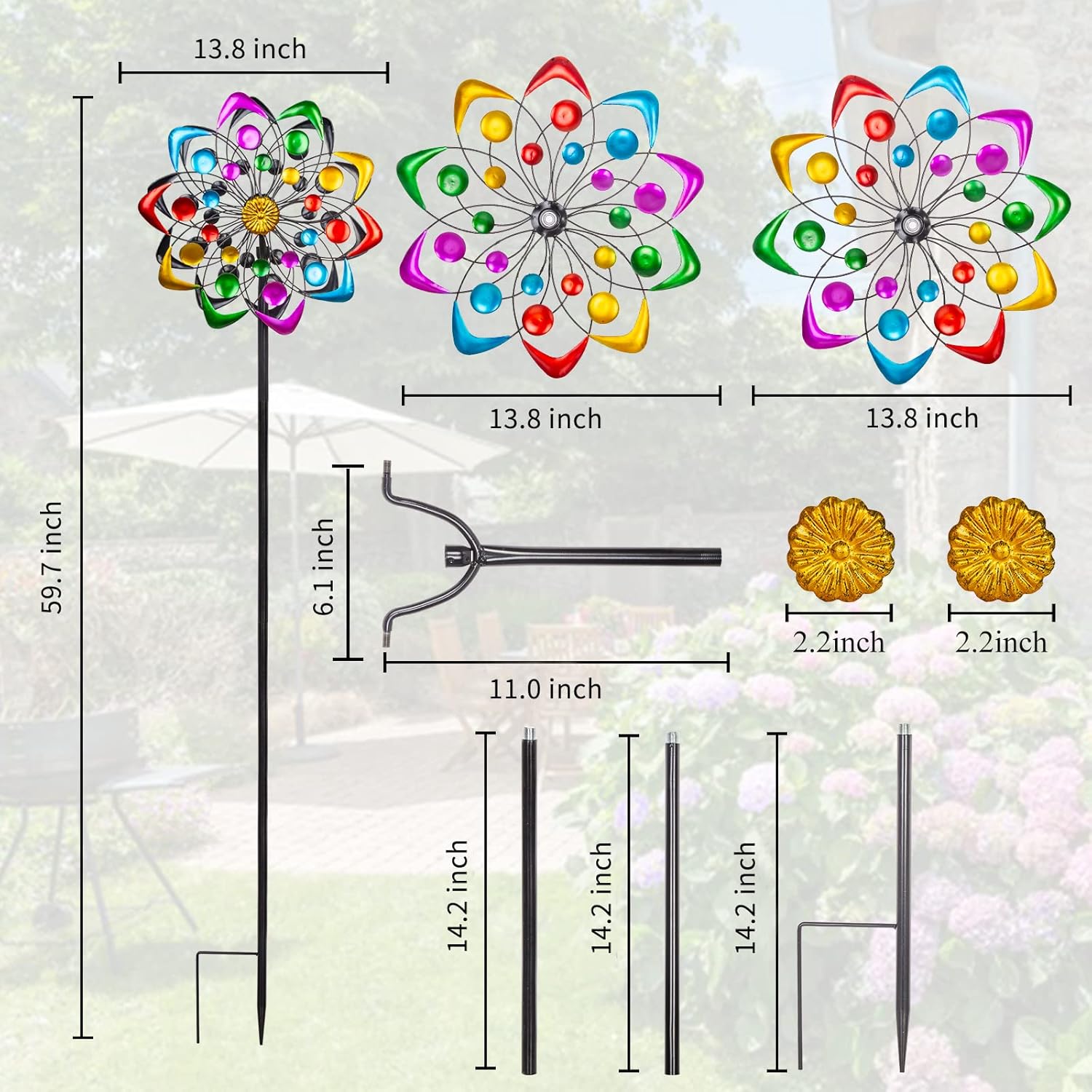 Viveta Kinetic Wind Spinner, 59 inch Outdoor Metal Windmills for Yard Garden, Double Wind Sculpture with Stable Stake, Multi-Color