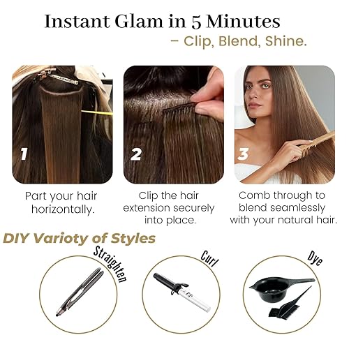 Miniatura 7 de Extensiones de cabello humano real, 4.23 oz, 8 piezas engrosadas y sedosas rectas con clip, 18 pulgadas, #1 negro azabache doble trama