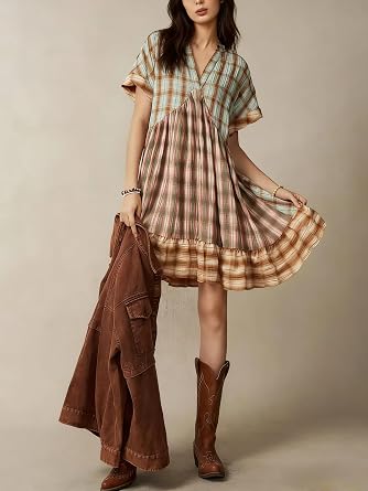 Women Boho Floral Babydoll Mini Dress Y2k Puff Sleeve Ruffle Flowy Short Dress Cute Summer V Neck Patchwork Dresses