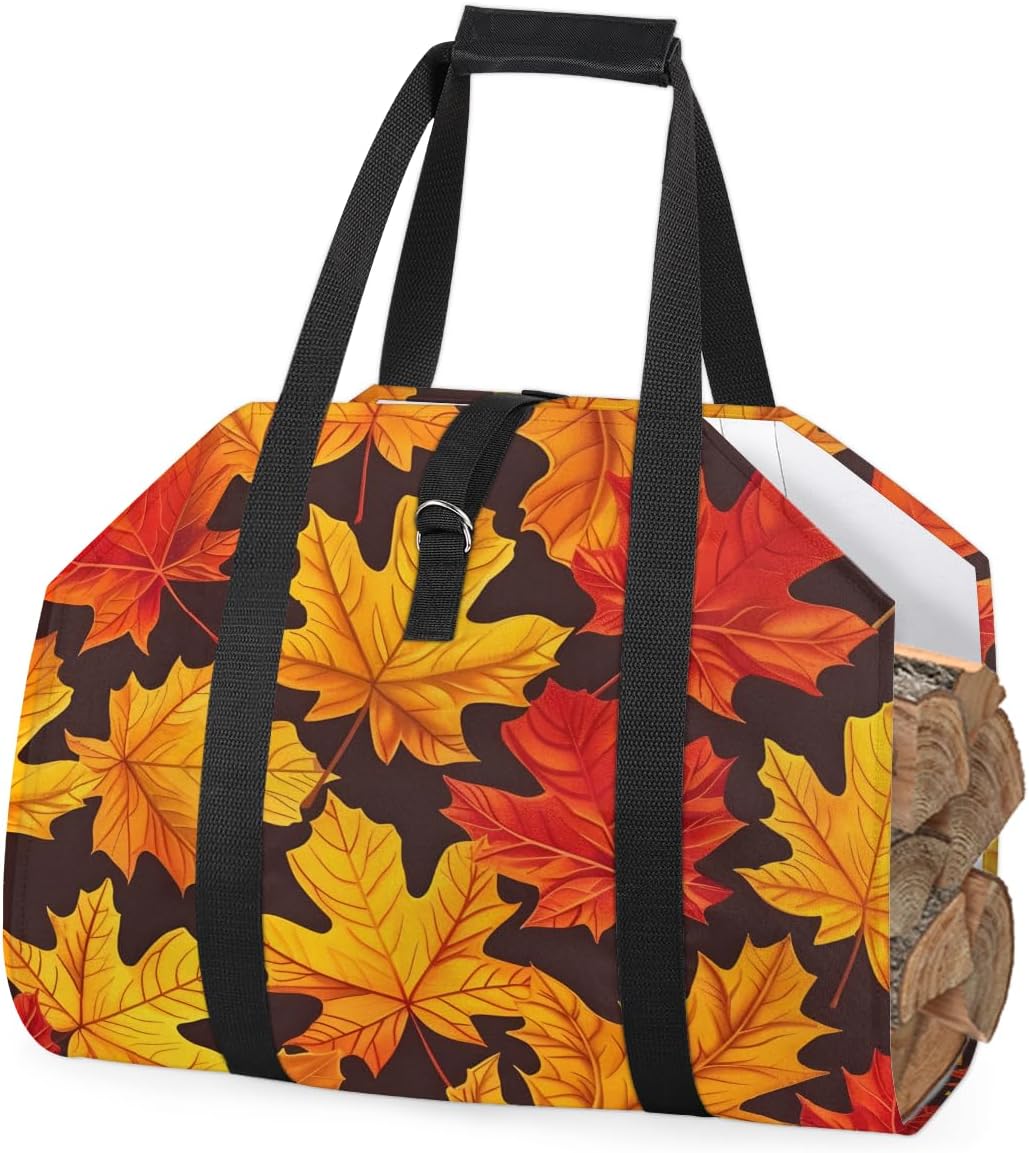 39 x 18 Inches Waterproof Firewood Carrier with Handles Foldable Firewood Bag Firewood Holder for BBQ Camping Wood Stove Accessories Autumn Maple Leaves