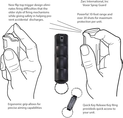 Miniatura 6 de Gel en spray de pimienta, fuerza policial, tapa abatible y agarre para los dedos, llavero de liberación rápida, más de 20 disparos, rango de 10 a 12