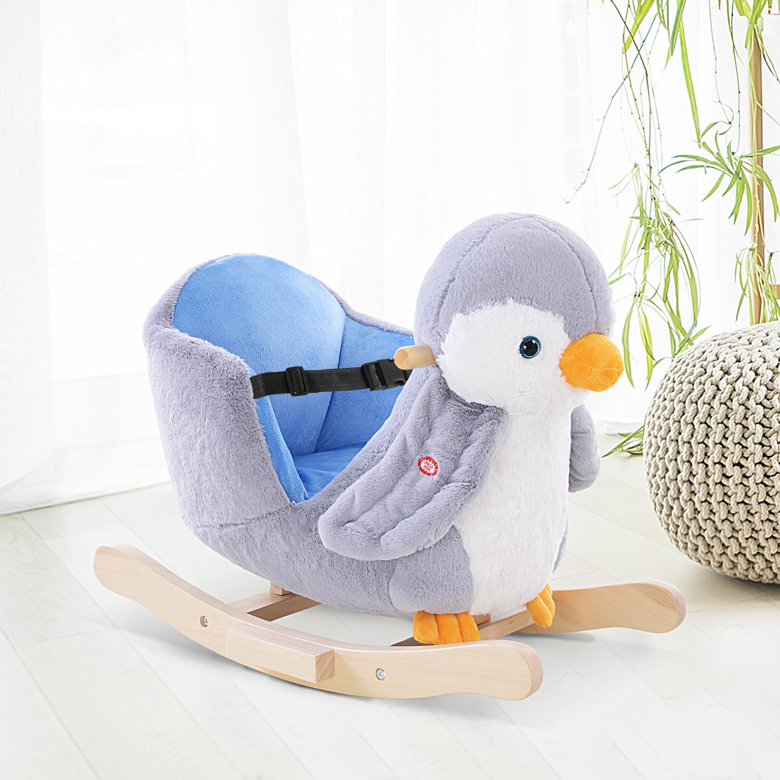 HOMCOM Caballito Balancín para Bebés de +18 Meses Forma de Pingüino Caballito Balancín de Madera con Asas Cinturón de Seguridad y Músicas Carga 40 kg 60x33x50 cm Gris
