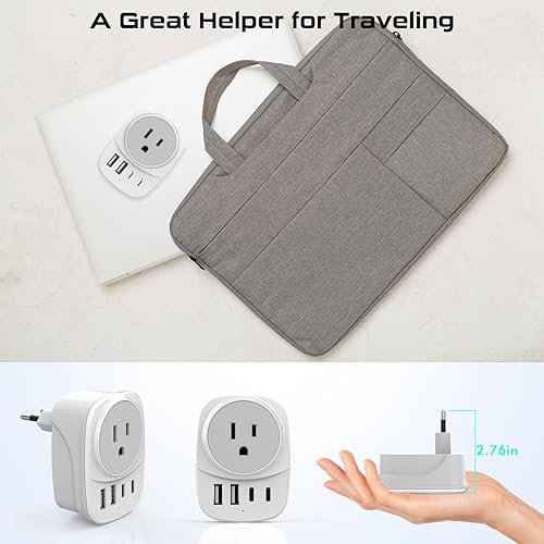 Miniatura 6 de Adaptador de enchufe de viaje europeo de 20 W, 2 puertos USBC y 2 puertos USBA, cable tejido USB C a USB C de carga rápida de 60 W, enchufe de