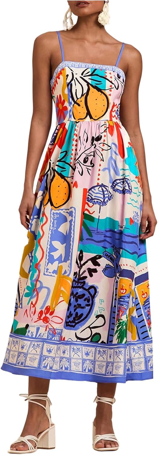 WDIRARA Women's Boho Floral Sleeveless Ruffle Maxi Dress Tropical Graphic Tie Shoulder Smocked Cami Dresses