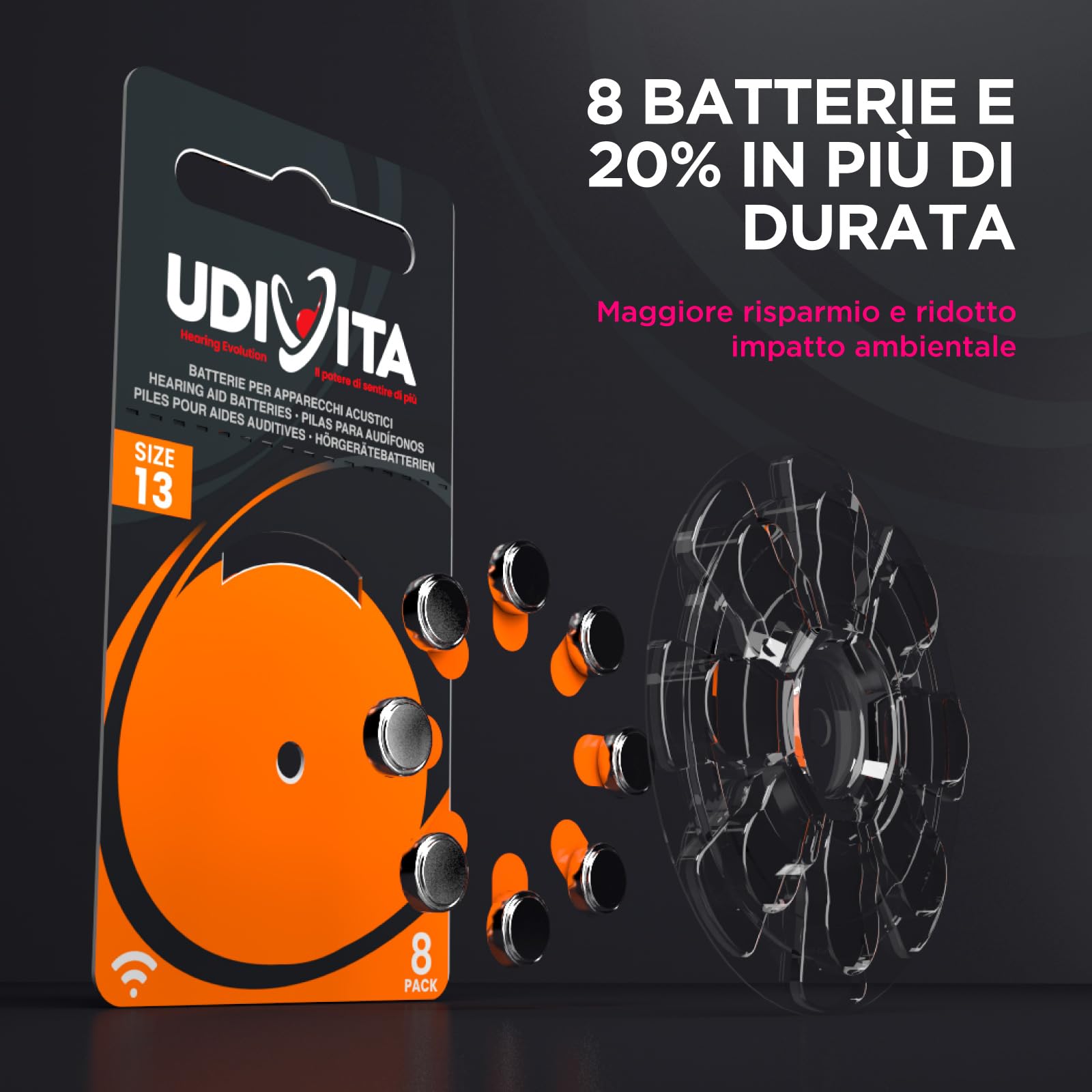 120 Batterie per Apparecchi Acustici Udivita Misura 13 (Arancioni) PR48 con Phono Pulse Technology - 15 Blister da 8 Pile