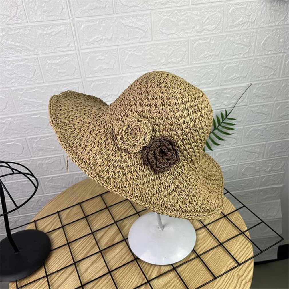 Lady Straw hat Women Summer Beach Hat Flower Foldable Large Brim Seaside Holiday Sun Hats Cap Brown - Image 4