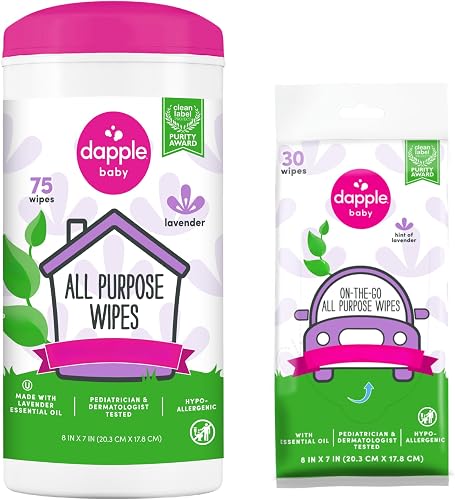 Dapple Baby All Purpose Wipes, Plant Powered, Hint of Lavender, Hypoallergenic, 75 Count Canister + 30 Count