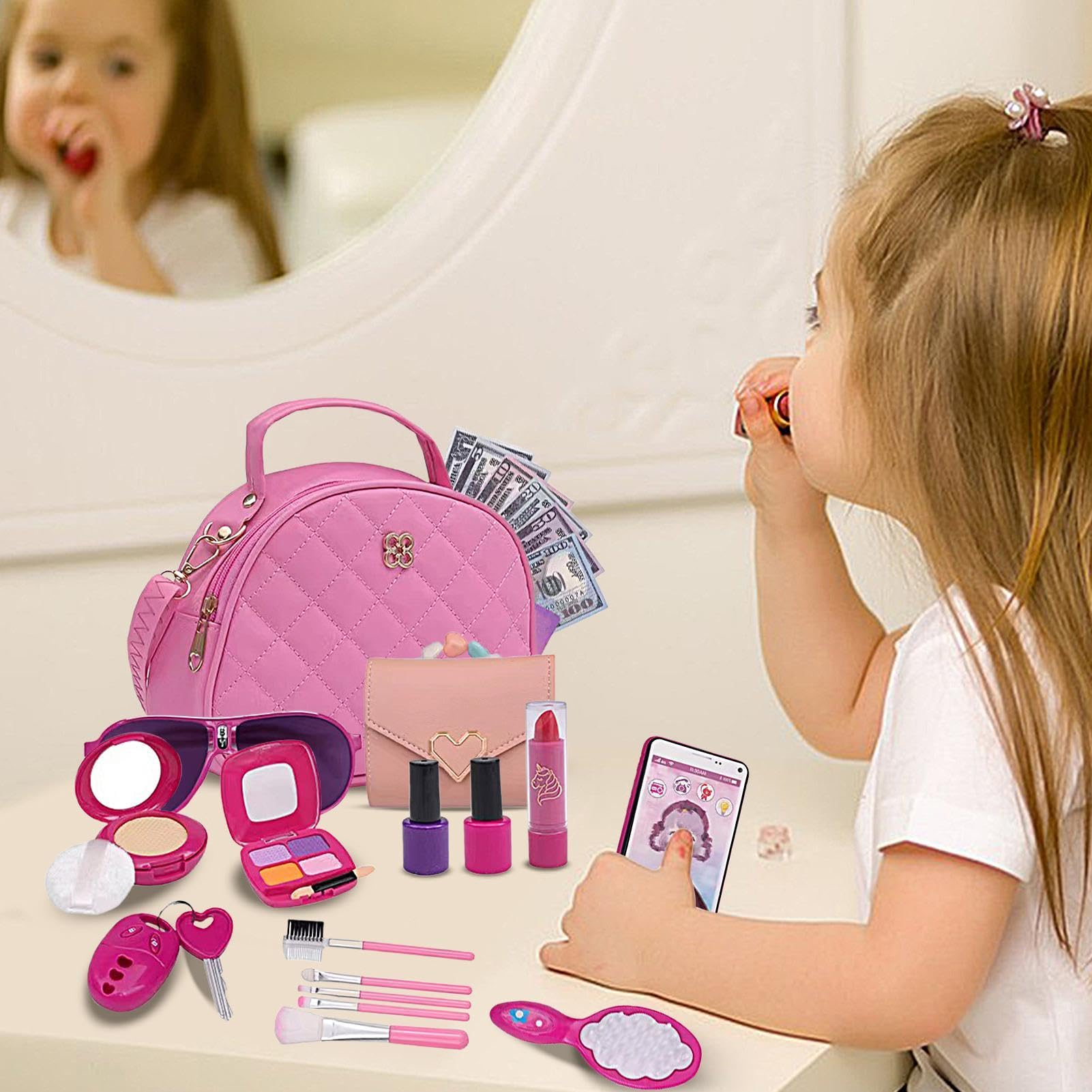 Monedero de Juego para niños pequeños, Monedero de con Accesorios - Juego de Juguetes 27X | Juguetes de Maquillaje para Juegos de simulación, Que Incluyen Billetera, teléfonos, Gafas de