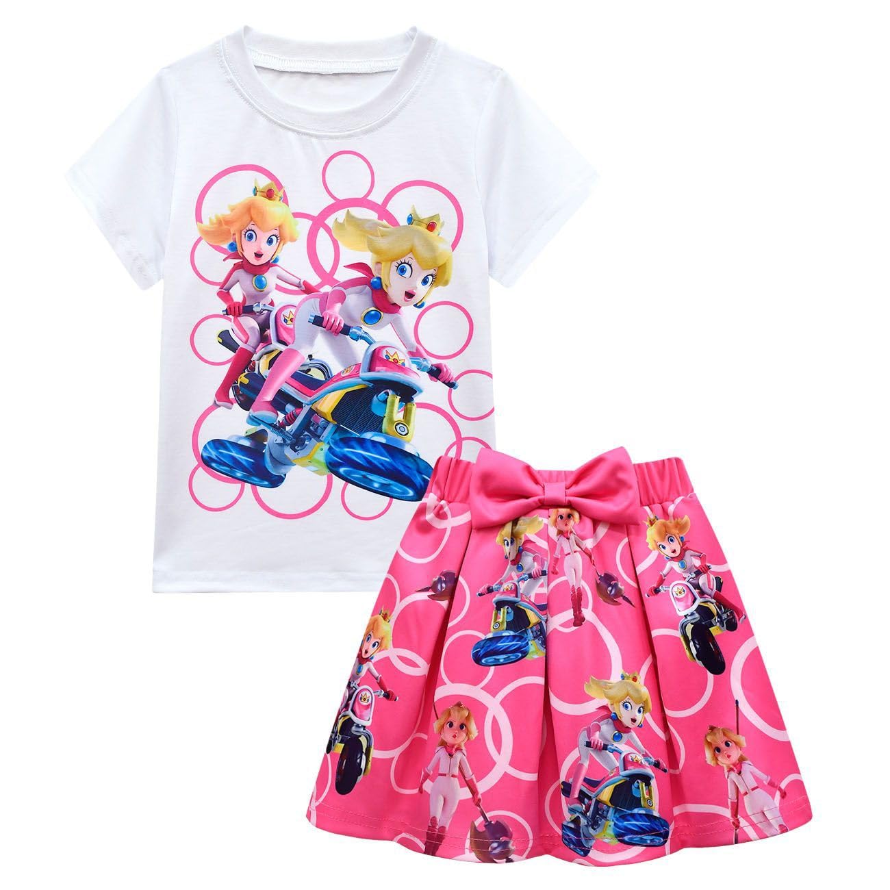 Princess Peach Cosplay Costume Girls Kids Cartoon Short Sleeve Tutu Skirt Dance Dress 2-Piece Outfit Top Tee