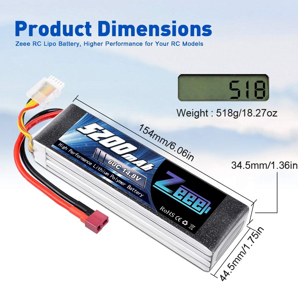 Best Cyber Monday 🔥 Zeee 14.8V 5200mAh 60C 4S Lipo Battery with Deans T and XT60 Plug for RC Plane DJI F450 Quadcopter Airplane Helicopter RC Car Truck RC Boat