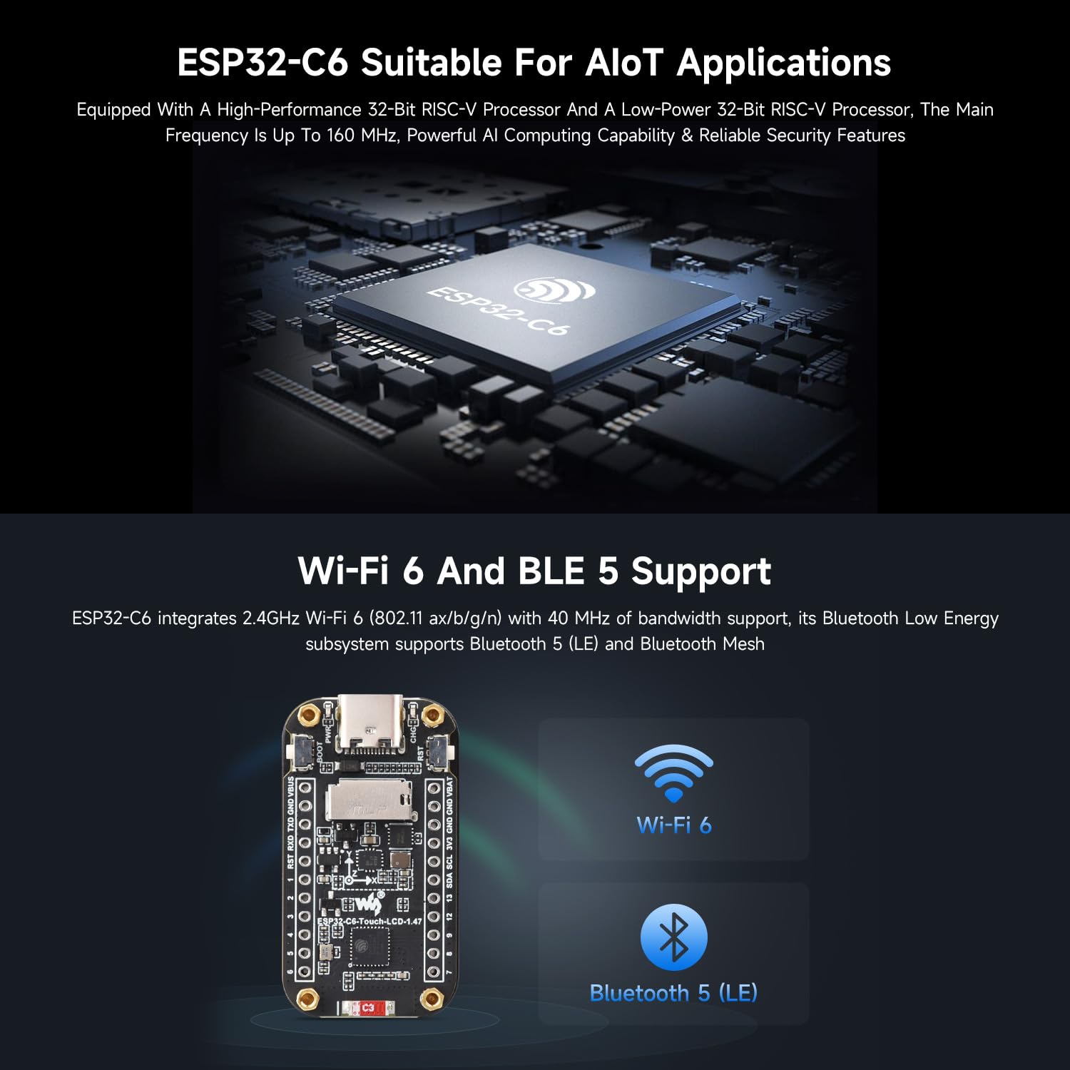 Waveshare ESP32-C6 1.47inch Touch Display Development Board(Without pinheader), 172x320 Resolution, 262K Display Color, Supports Wi-Fi 6 / BLE 5, 160MHz RISC-V Processor