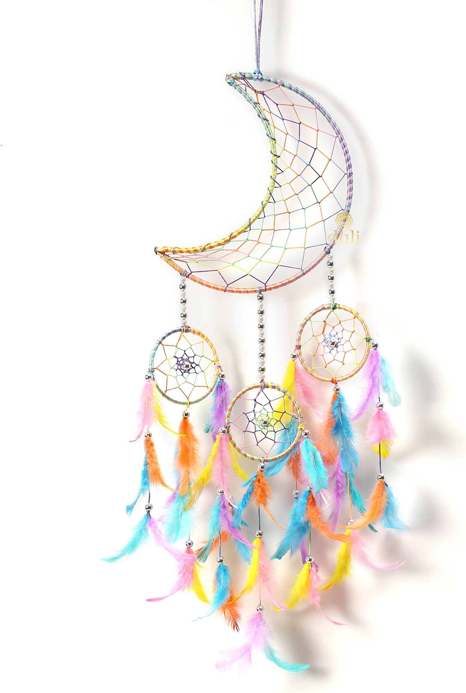 DULI Stainless Steel Moon Shape Dream Catcher Half Moon Home Decor Wall Hanging Bedroom Best for Gifts and Decoration, Wall Art for Bedrooms, Home Wall(CrescentMoonDC: PastelMulti)