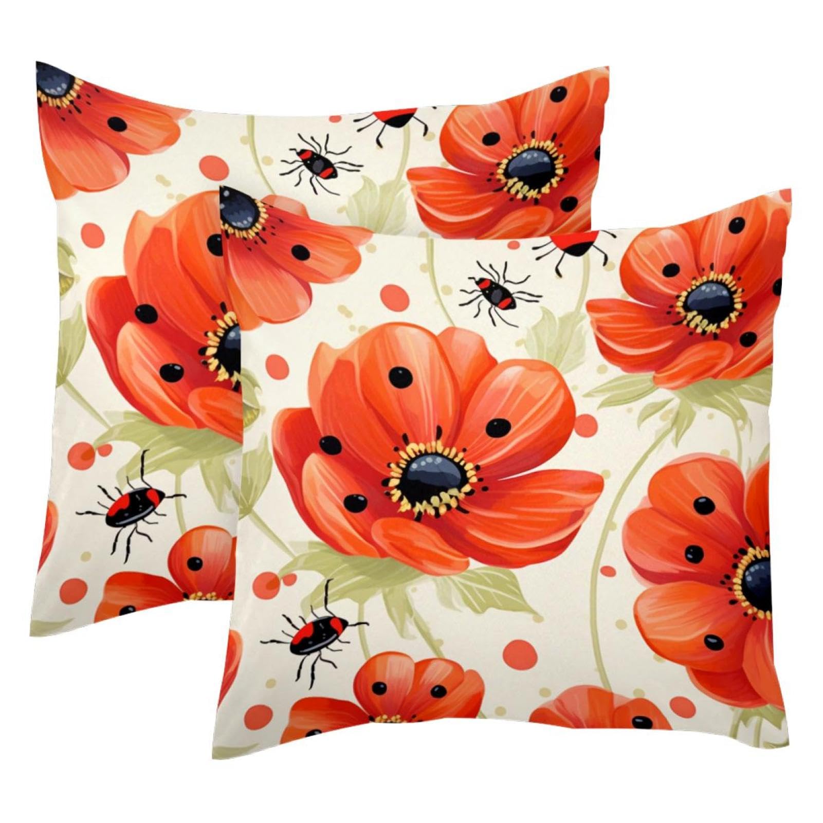 Housses de coussin velours doux coccinelle et coquelicots 50x50 cm, textile de salon haut de gamme