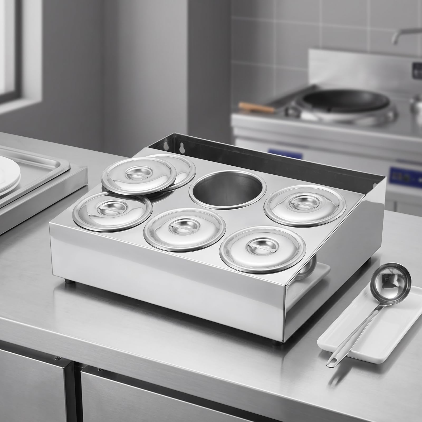 Distributeur de Condiments Boîte Organisateur Casier Réservoir en Acier Inoxydable à 6 Compartiments Disposition en Deux, Style to 1
