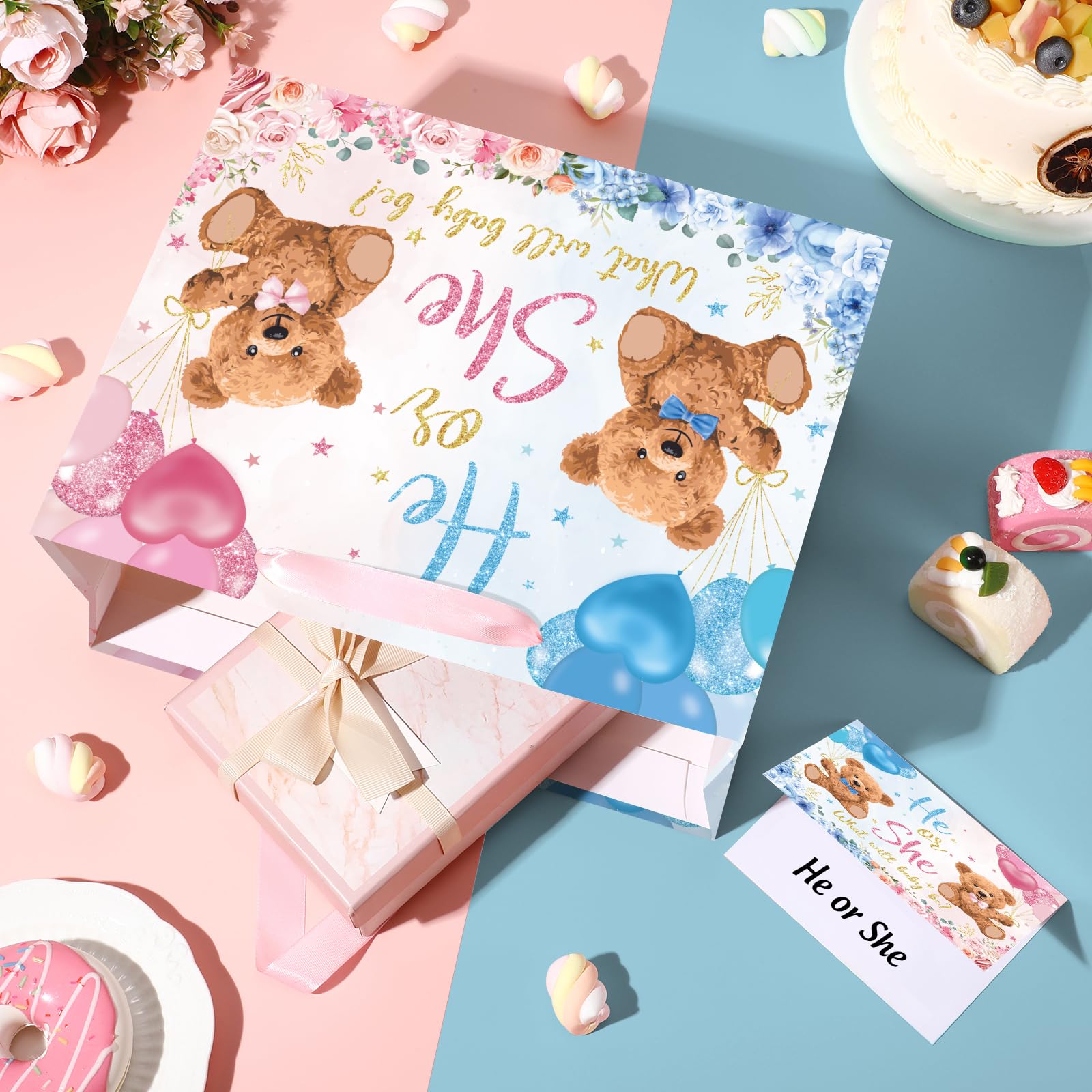 Große Papiertüte mit Seidenpapier und Grußkarte, Bär, Babyparty, Geschenkpapiertüte, Rosa und Blau, He or She Gender Reveal Treat Candy Bags für Babyparty, Partyzubehör, Dekorationen
