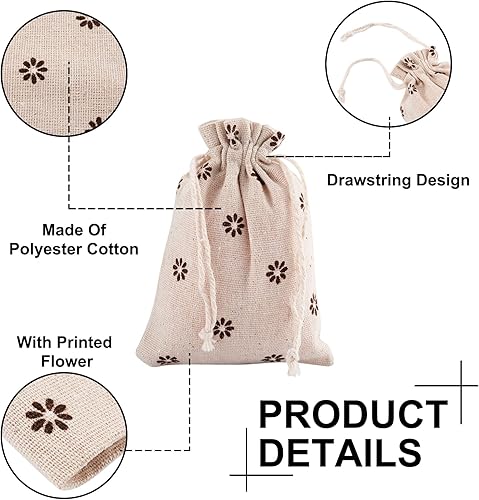 Miniatura 5 de KISSITTY 50 bolsas con cordón de trigo, poliéster, algodón, bolsas de embalaje con patrón de flores impresas, pequeñas bolsas de regalo para