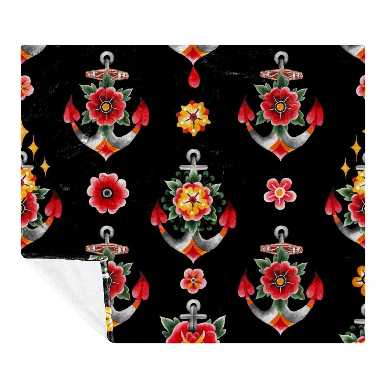 Couverture microfibre haut de gamme à motif ancres marines et fleurs 150 x 200 cm