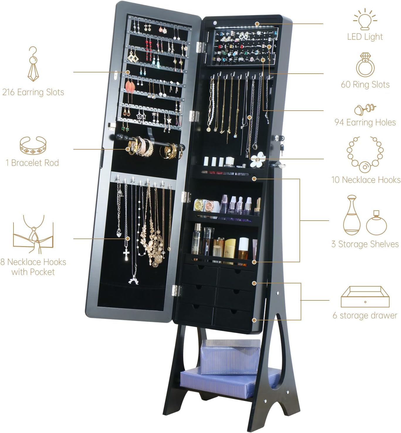 Standing Mirror Jewelry Cabinet,Full Length Mirror Jewelry Armoire Jewelry Organizer Lockable Jewelry Storage for Women Girl Frameless LED Lights 6 Drawers Black - Image 4