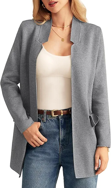 Women 2024 Long Sleeve Knit Cardigan Sweater Coat Open Front Sweater Blazer Lightweight Coatigan Jackets Grey XL