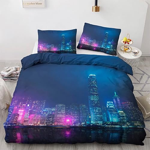 zcwl Juego de funda de edredón tamaño matrimonial  Juego de cama Neon City  Patrón de escena de ciudad  3 piezas  Funda de edredón de microfibra disponible en Yaxa Venezuela