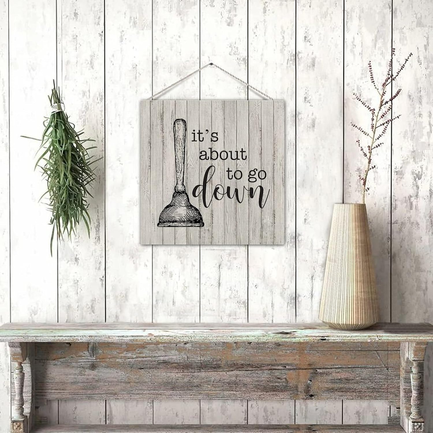Farmhouse Bathroom Pallet Sign It's About to Go Down Decorative Wood Door Hanger Sign Family Sign with Quote Wall Decorations for Bathroom Toilet Toilet Decorations 12in