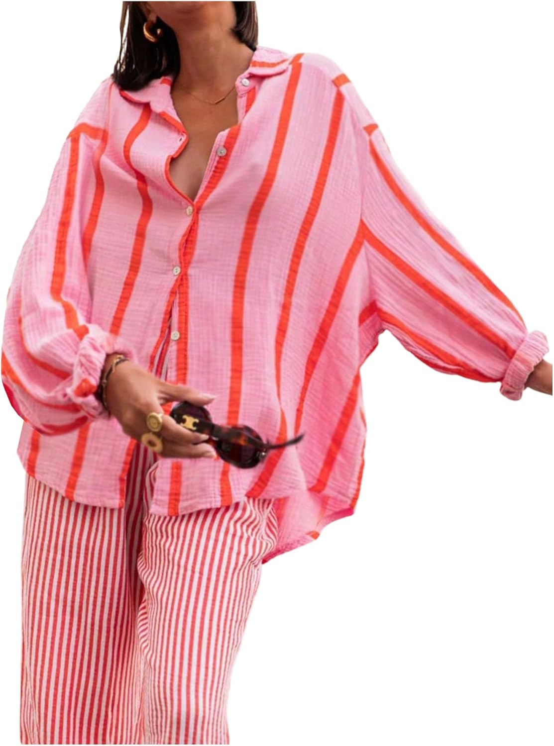 Milumia Women's Plus Size Striped Long Sleeve Blouse Shirt Collared Button Down Oversized Tops