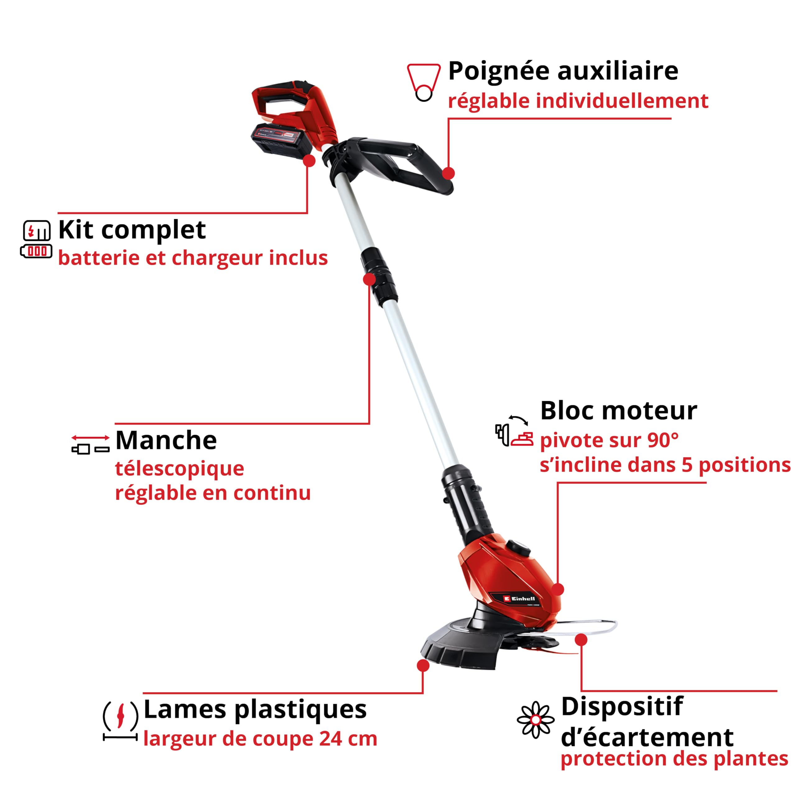 Einhell Coupe-Bordures sans Fil GE-CT 18 Li (1 x 2,5 Ah) Power X-Change (18 V, Bloc Moteur pivotant et inclinable, Dispositif d’écartement, avec 20 Lames en Plastique, Batterie 2,5 Ah et Chargeur)