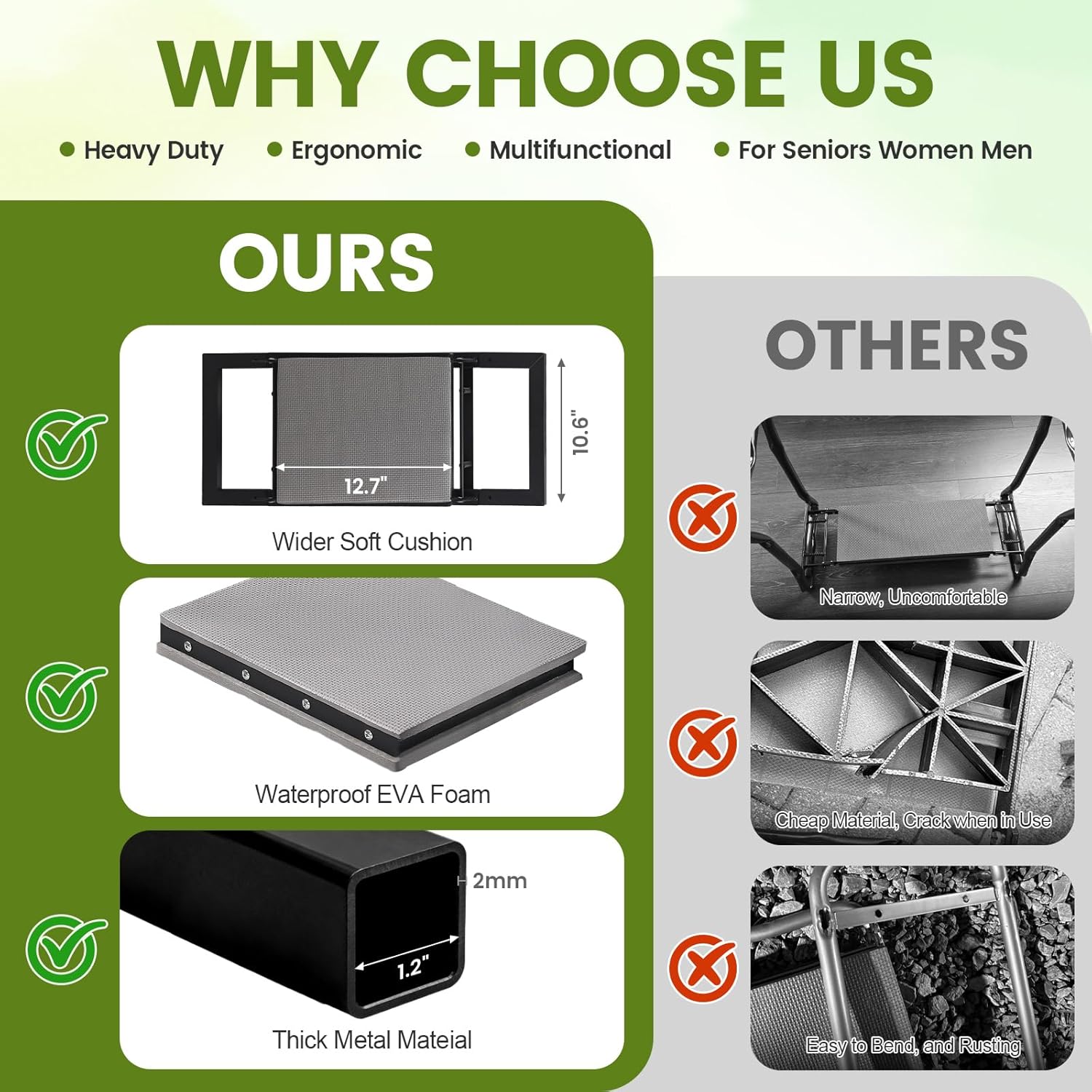 Garden Kneeler and Seat Heavy Duty 500lbs, Anti-Tip Gardening Stools with 10.5” Widen Kneeling Pad for Seniors Gardeners, 2 in 1 Garden Bench for Kneeling and Sitting