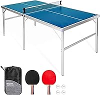 GoSports Mid-Size Portable Table Tennis Set - 6x3 ft Indoor/Outdoor Ping Pong Table with Net, 2 Paddles & 4 Balls, Red/Blue