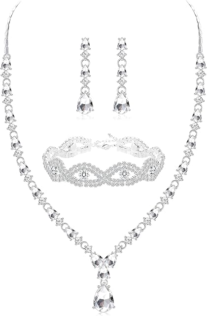 CASSIECA Bridal Wedding Jewellery Set for Women Crystal Teardrop Necklace Earrings Bracelet Set Gifts Wedding Engagement Bridesmaid Costume Dress Prom Jewellery Sets