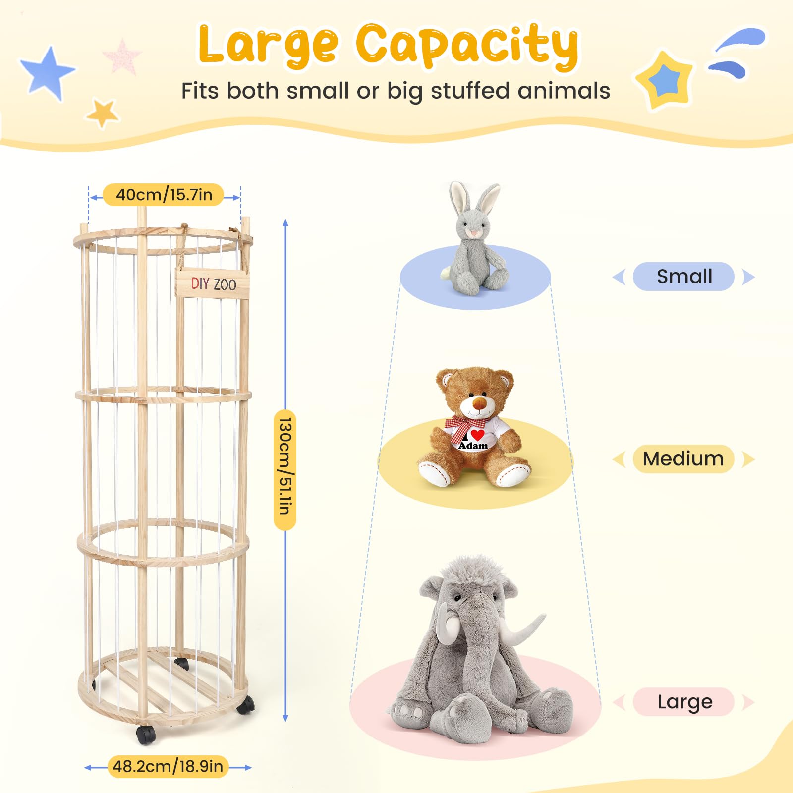 Rangement Peluche, 130x48x30cm Range Peluche avec Roulettes Pivotantes à 360° et Freins, Convient aux Chambres D'enfants aux Salons et aux Chambres à Coucher (Rond)