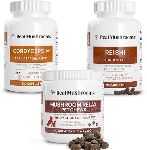 Real Mushrooms Reishi & Cordyceps para humanos y hongos masticables relajantes para mascotas, paquete para relajación, energía e inmunidad, vegano,