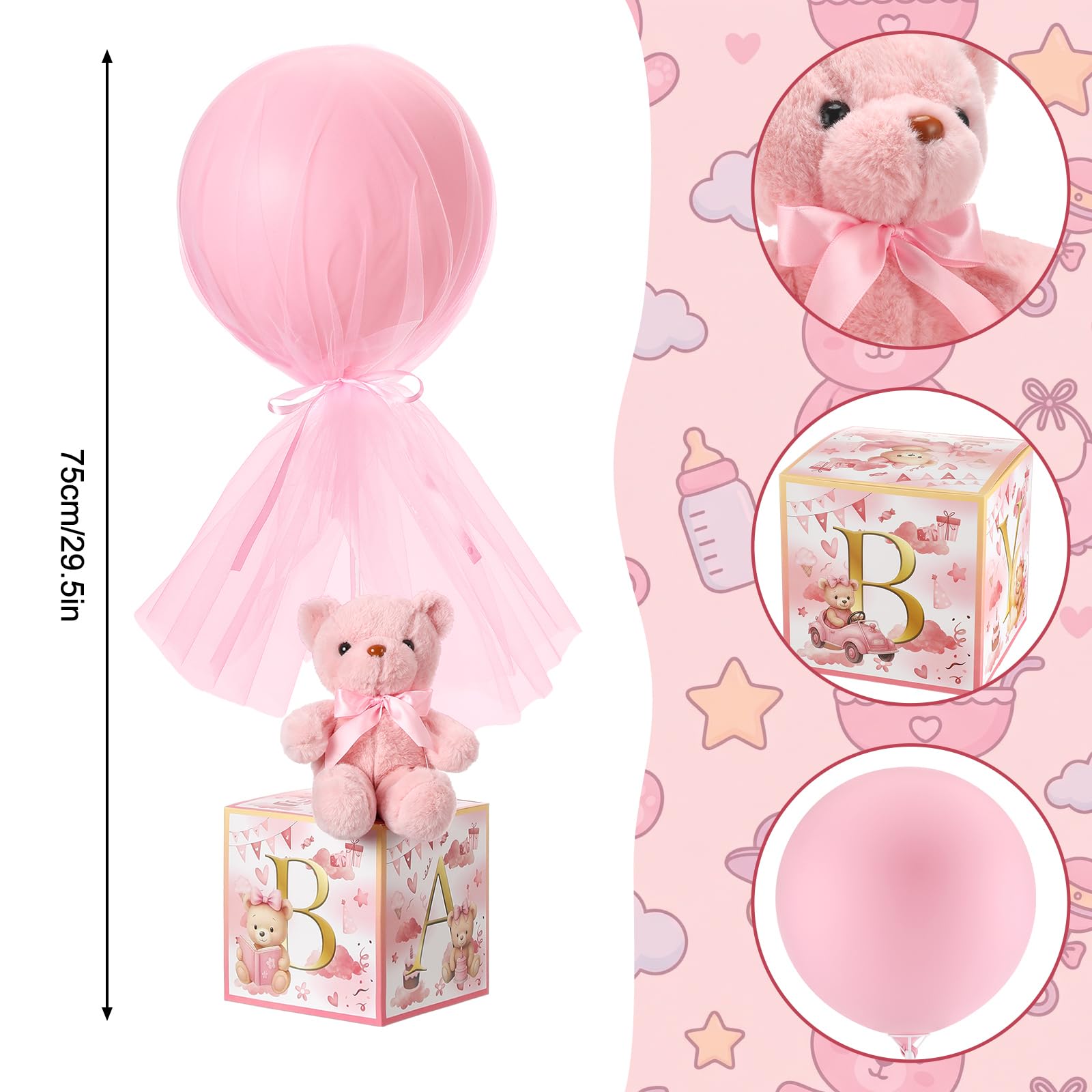 Outus 8 Sets Rosa Bär Babyparty Dekorationen mit Buchstaben Boxen für Babyparty Tisch Mittelstücke Stoffbären Ballon Rosa Boxen mit Ständer Bär Plüschtier Bären für Geschlecht Enthüllung Geburtstag