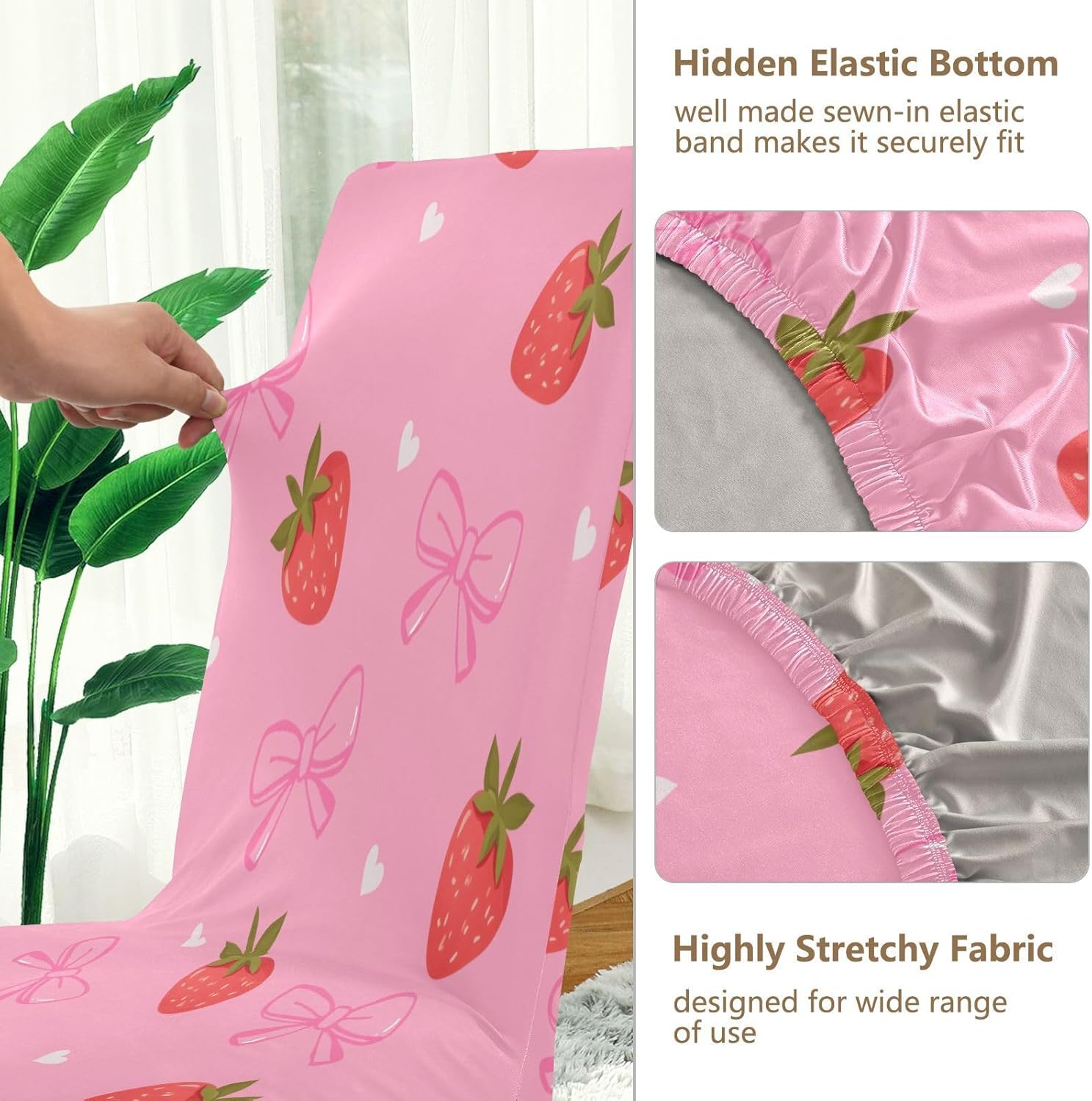 ALAZA Chair Covers for Dining Room, Straberry Bow Pink Stretch Chair Cover Sets Chair Protector Removable Washable for Ktichen Restaurant Hotel
