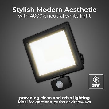 Luceco Outdoor Security LED Floodlight with PIR Motion Sensor for Driveways, Walkways and Gardens, Fit & Tilt Multi-Positioning, Exterior Lighting, Essence, Black, IP65, 50W, 5250lm, 4000K, EFLD50B40P [Energy Class A]