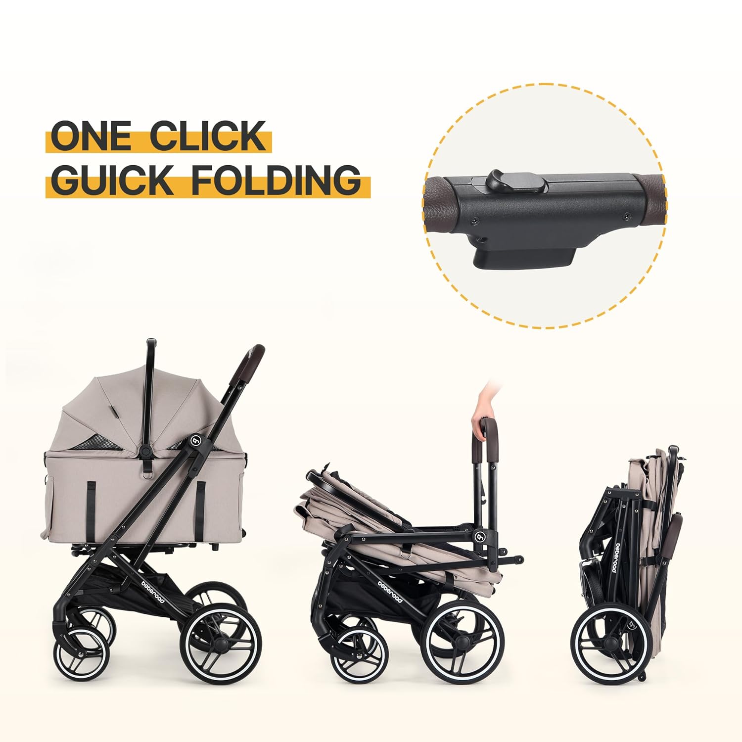 BEBEROAD X3 2 in 1 Pet Stroller for Medium or Two Small Dogs & Cats 4 Wheels Lightweight Foldable Carrier Dog Stroller with Waterproof Weather Cover Cup Holder,Storage Basket(Camel)
