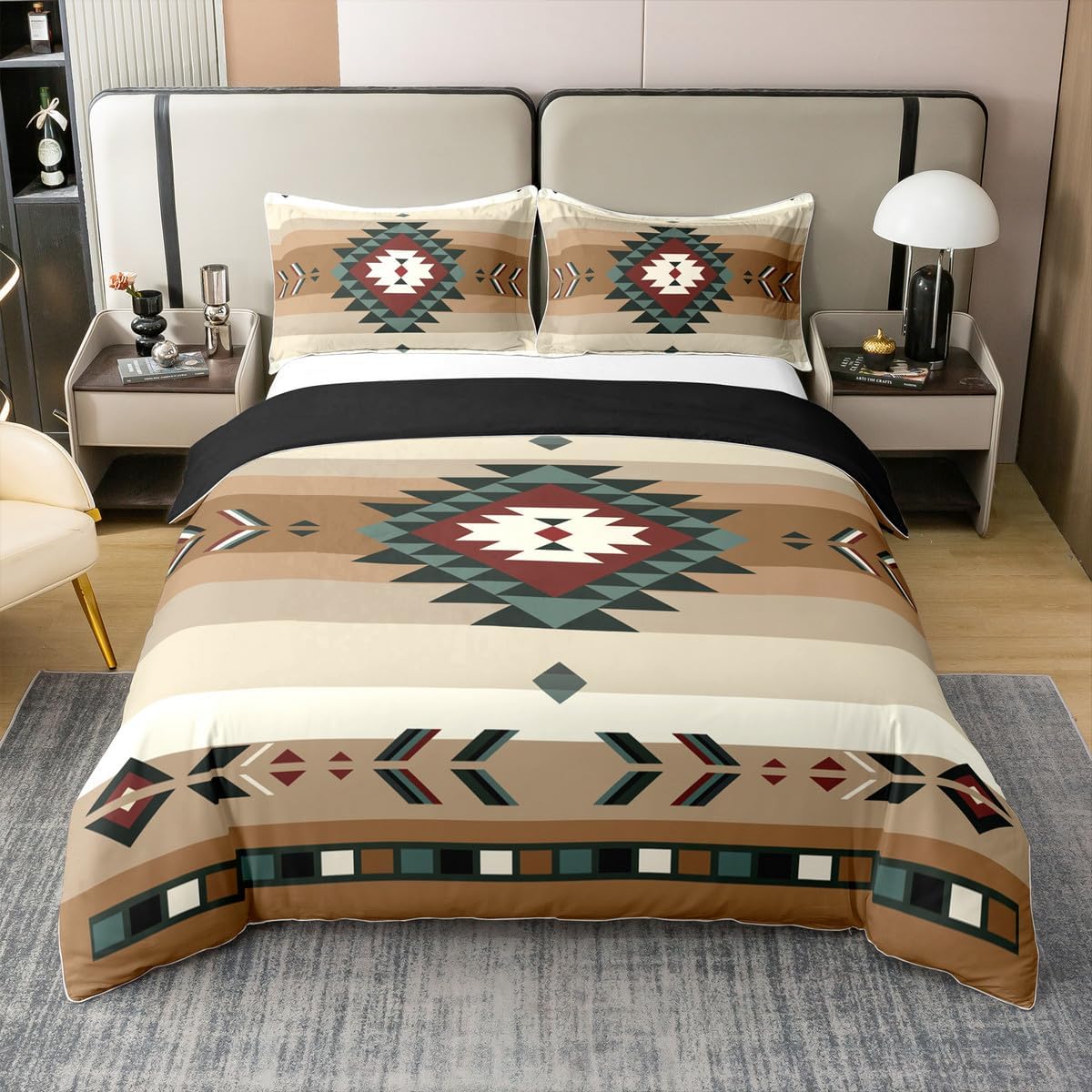 jejeloiu Queen Size 100% Cotton Southwest Native Design Duvet Cover Southwestern Geometric Bedding Set Ultra Soft Tribal Comforter Cover Set Beige Bedspread Cover Room Decor Bedclothes Zipper