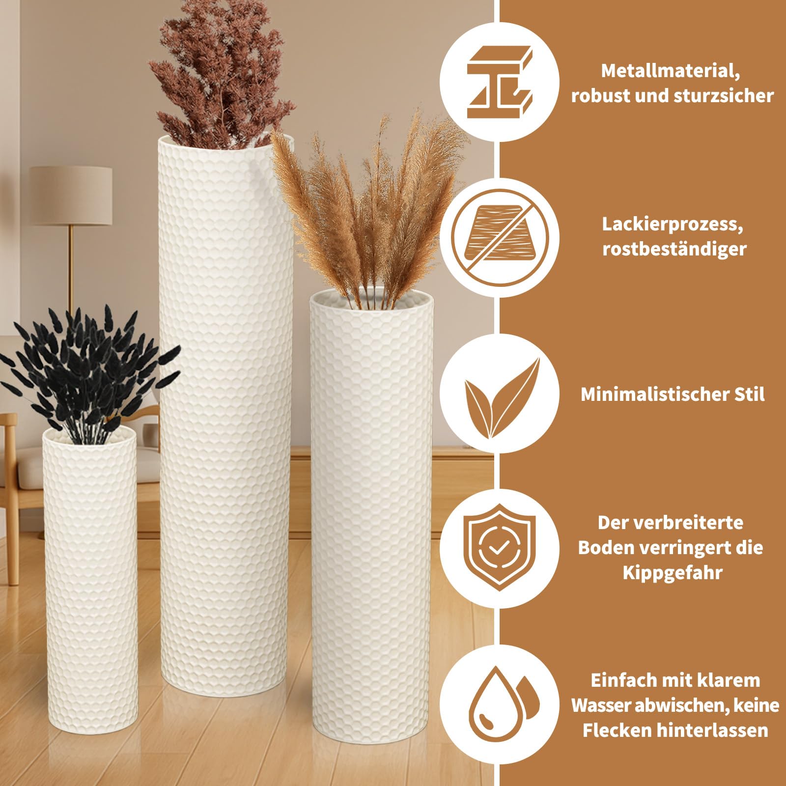aleawol Bodenvase Weiß Groß 70/55/40cm, Hohe Bodenvasen Set of 3 | Hohe Bodenvase Metall für Pampasgras Trockenblumen, Moderne Wabenstruktur Vasen für Boden für Wohnzimmer Schlafzimmer Corner