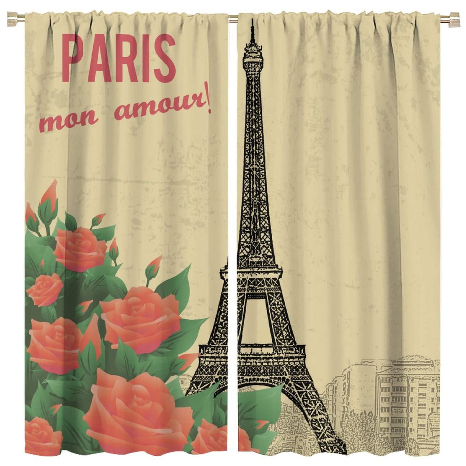 JESTRONRY Eiffel Tower Rose Curtains,Vintage Paris Romantic Valentine Theme for Couple Home Decor Window Drapes 2 Panel Set for Living Room Bedroom Cafe W42xL45in